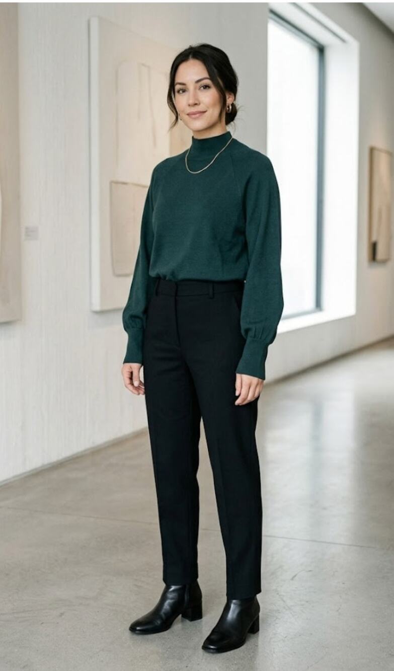 COS Wool Lyocell Blend Mock Neck Sweater Raglan Balloon Sleeve Dark Green Medium